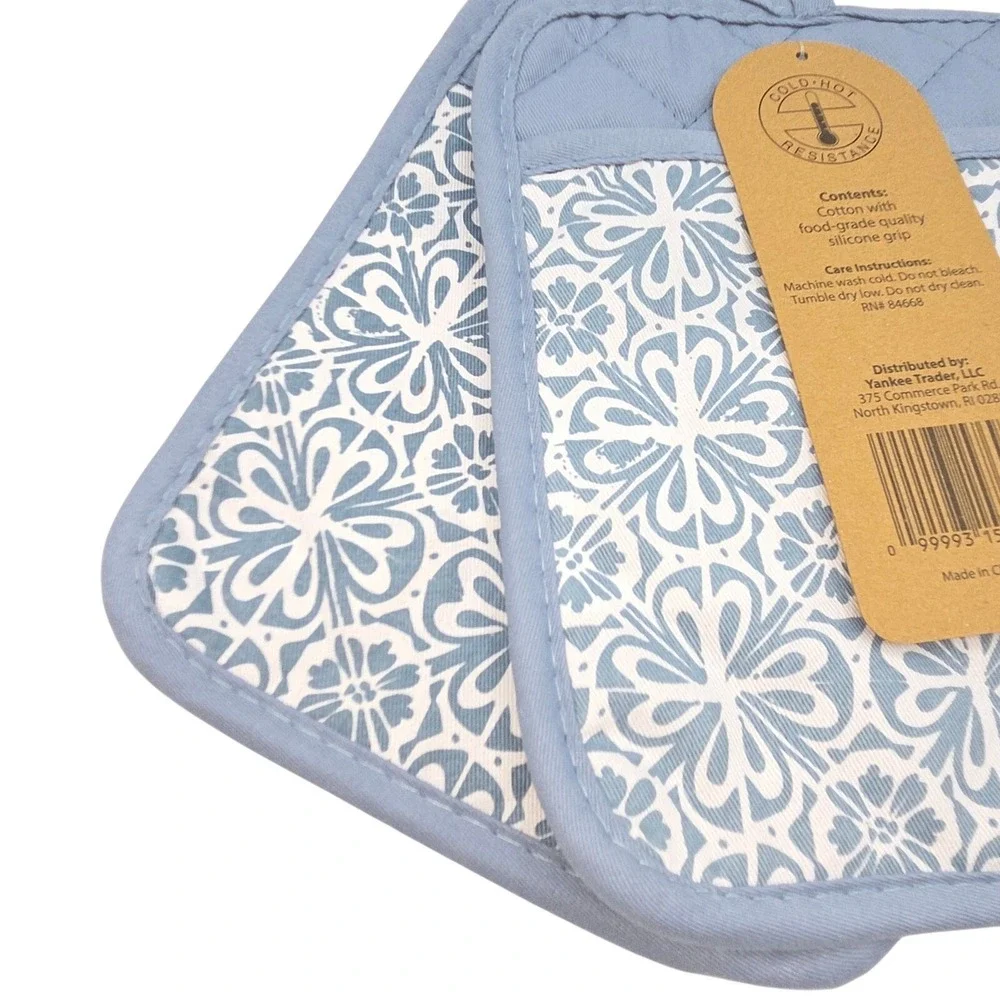 Bakers Choice Blue Floral Cotton Silicone Pot Holder & Oven Mitt Set of 3 Piece
